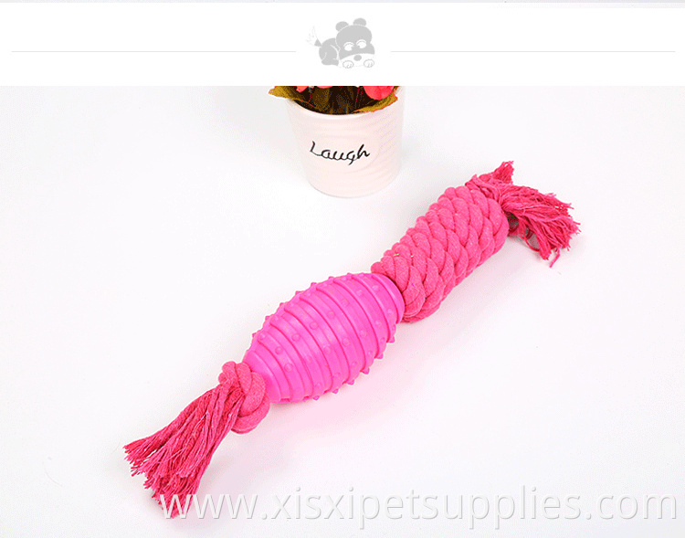 high quality candy color TPR rubber rugby ball with cotton knot rope bite resistance dog chew toy
